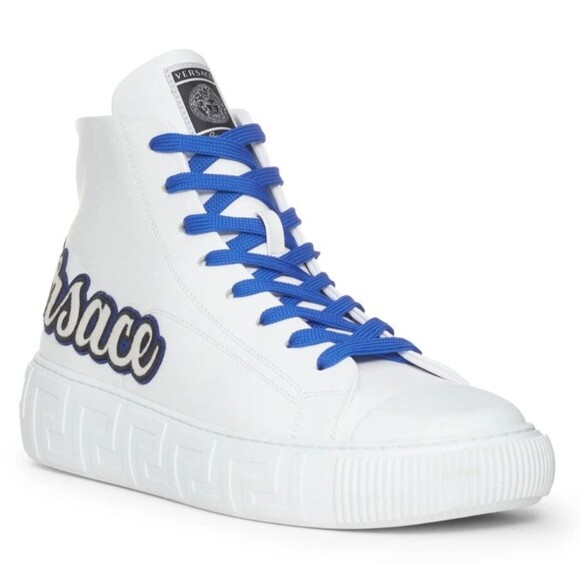 Versace Men's Varsity Greca Logo Leather High Top Sneaker White Size 42 / US 9